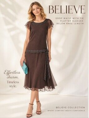 Petite BELIEVE  Drop Waisted Lined Flowy dress Sz P14 Like New
